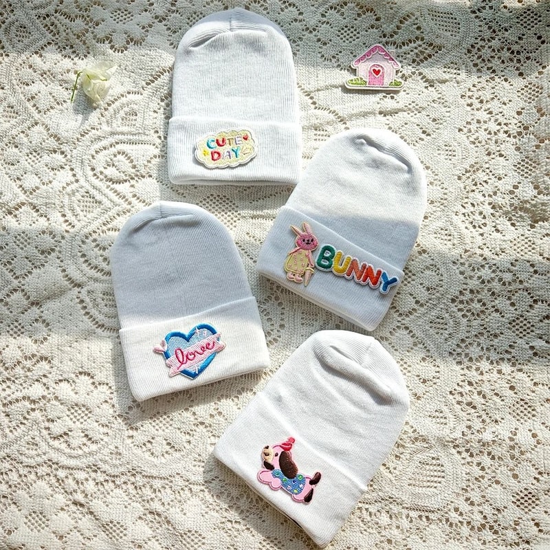 Cute Cartoon Label Newborn Knitted Beanie Hat Soft Cotton Bonnet 1