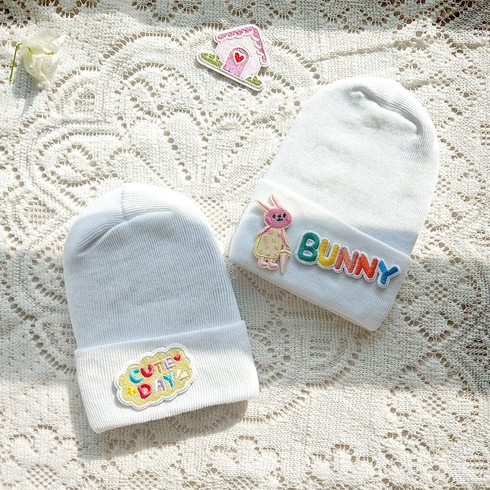 Cute Cartoon Label Newborn Knitted Beanie Hat Soft Cotton Bonnet 5