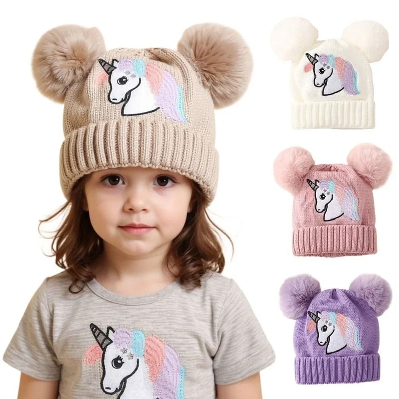 Cartoon Horse Knitted Winter Baby Hat Kids PomPom Ball Warm Bonnet 0