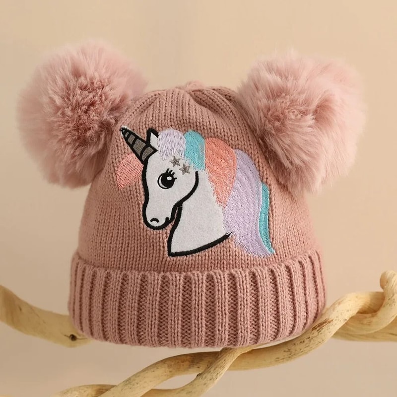 Cartoon Horse Knitted Winter Baby Hat Kids PomPom Ball Warm Bonnet 3