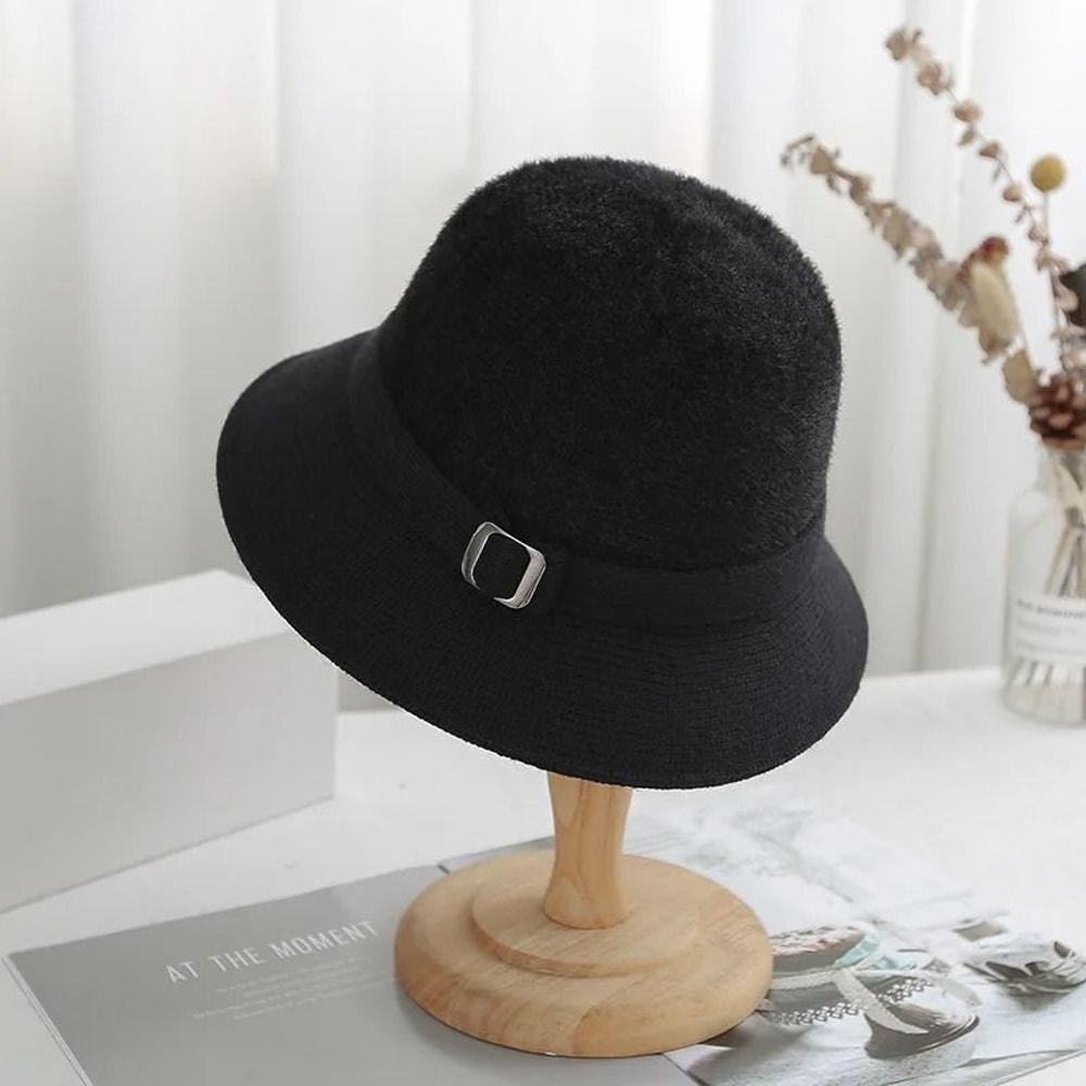 Womens Faux Mink Cashmere Knitted Bucket Hat Solid Color Artistic Sun Cap 4