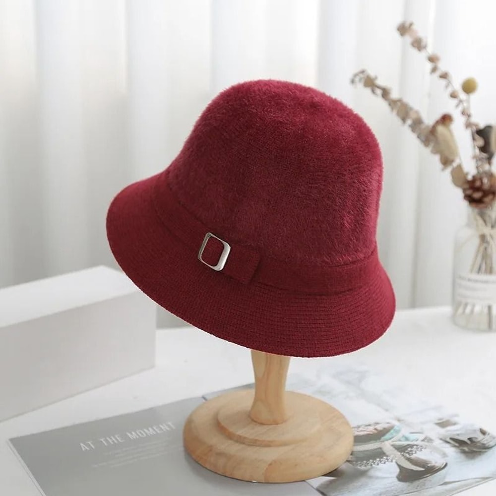 Womens Faux Mink Cashmere Knitted Bucket Hat Solid Color Artistic Sun Cap 11