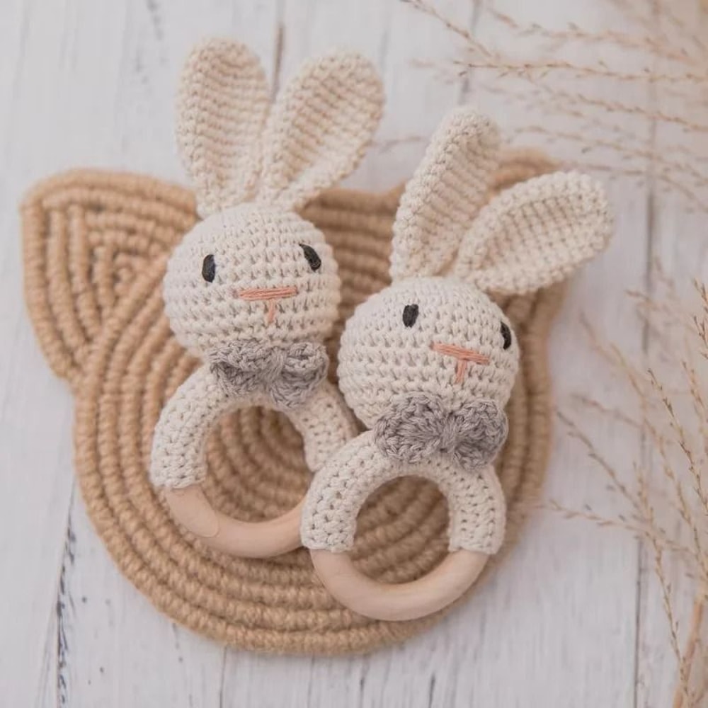 Baby Crochet Bunny Rattle Wooden Teether Newborn Educational Music Toy 0