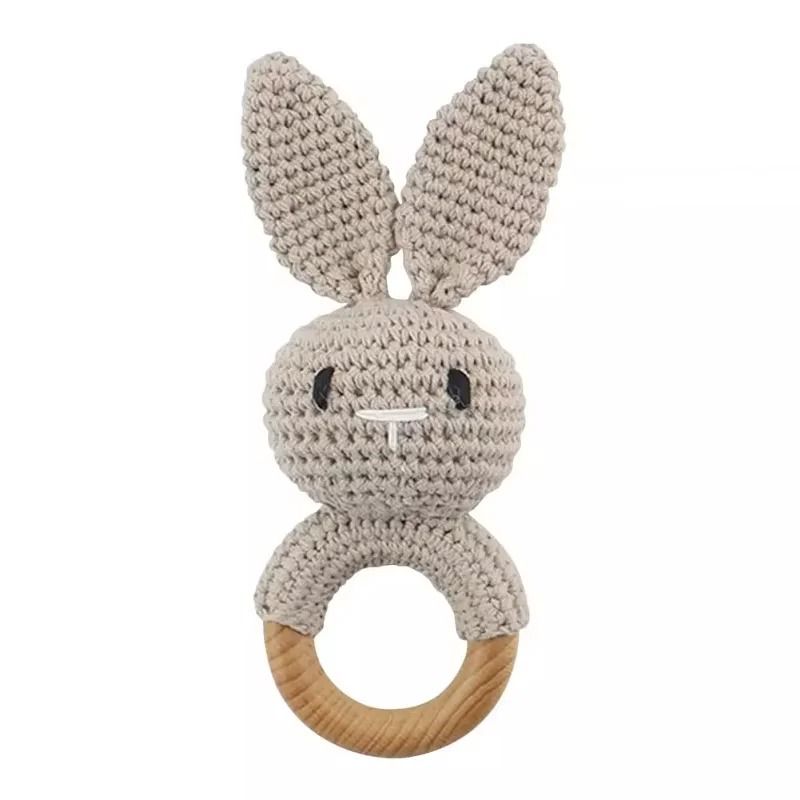 Baby Crochet Bunny Rattle Wooden Teether Newborn Educational Music Toy 9