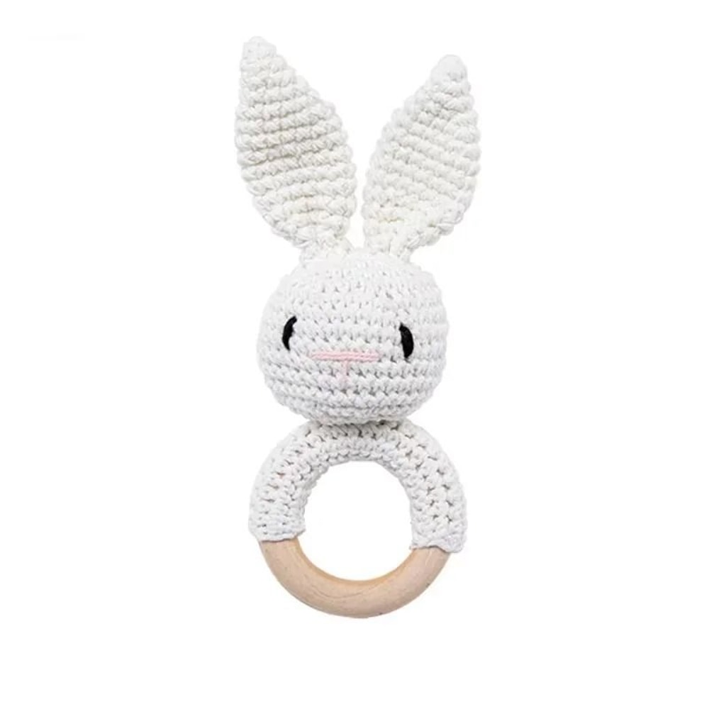 Baby Crochet Bunny Rattle Wooden Teether Newborn Educational Music Toy 11