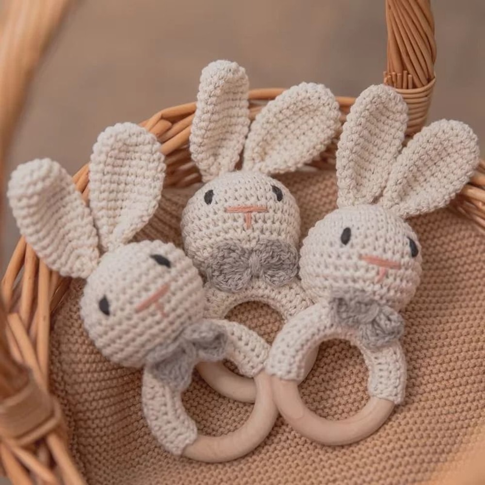 Baby Crochet Bunny Rattle Wooden Teether Newborn Educational Music Toy 1