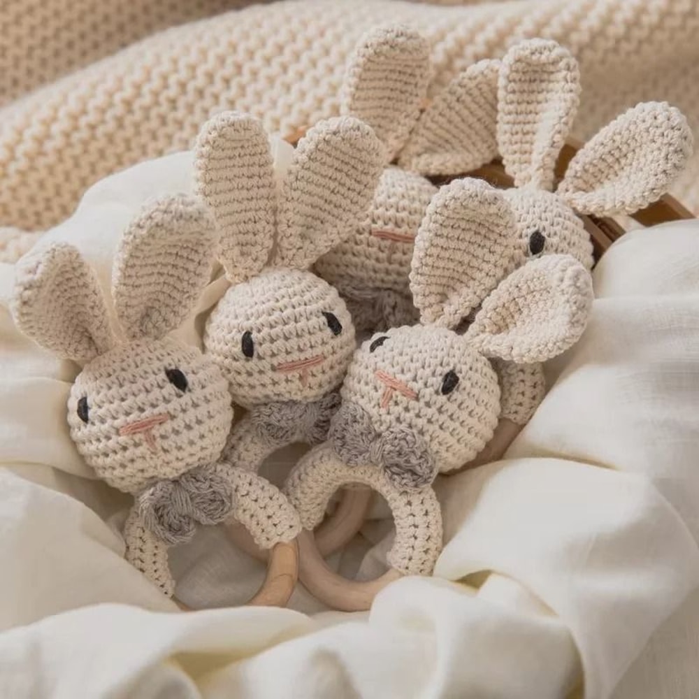 Baby Crochet Bunny Rattle Wooden Teether Newborn Educational Music Toy 2