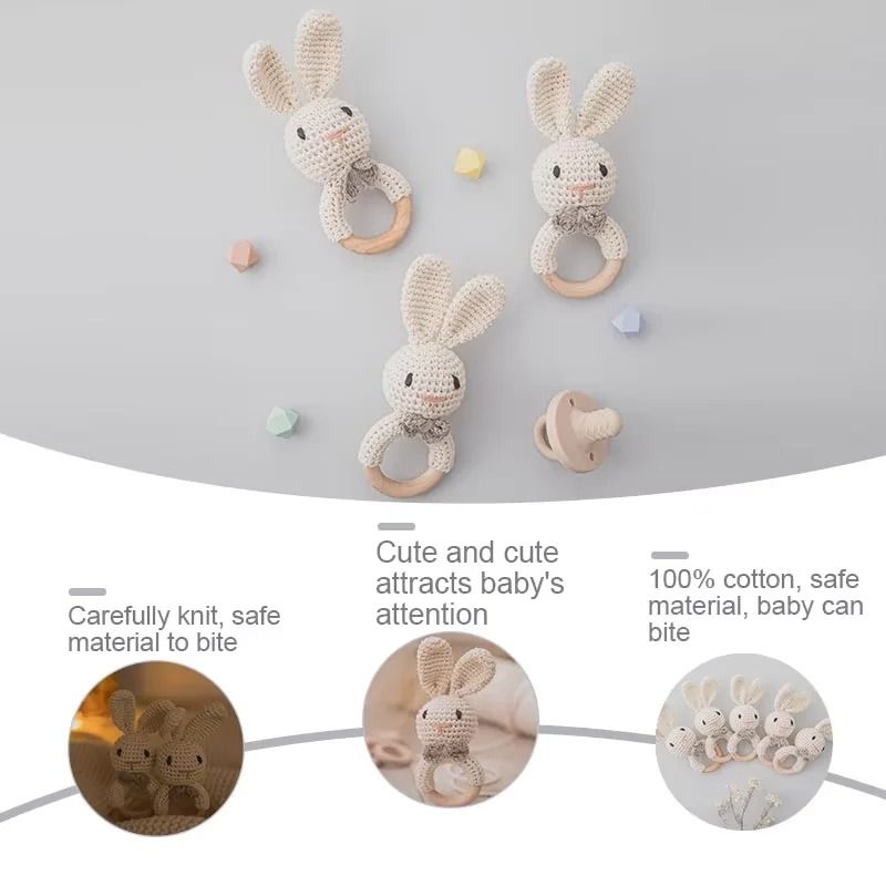 Baby Crochet Bunny Rattle Wooden Teether Newborn Educational Music Toy 4