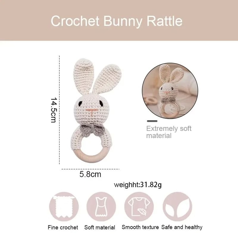 Baby Crochet Bunny Rattle Wooden Teether Newborn Educational Music Toy 5