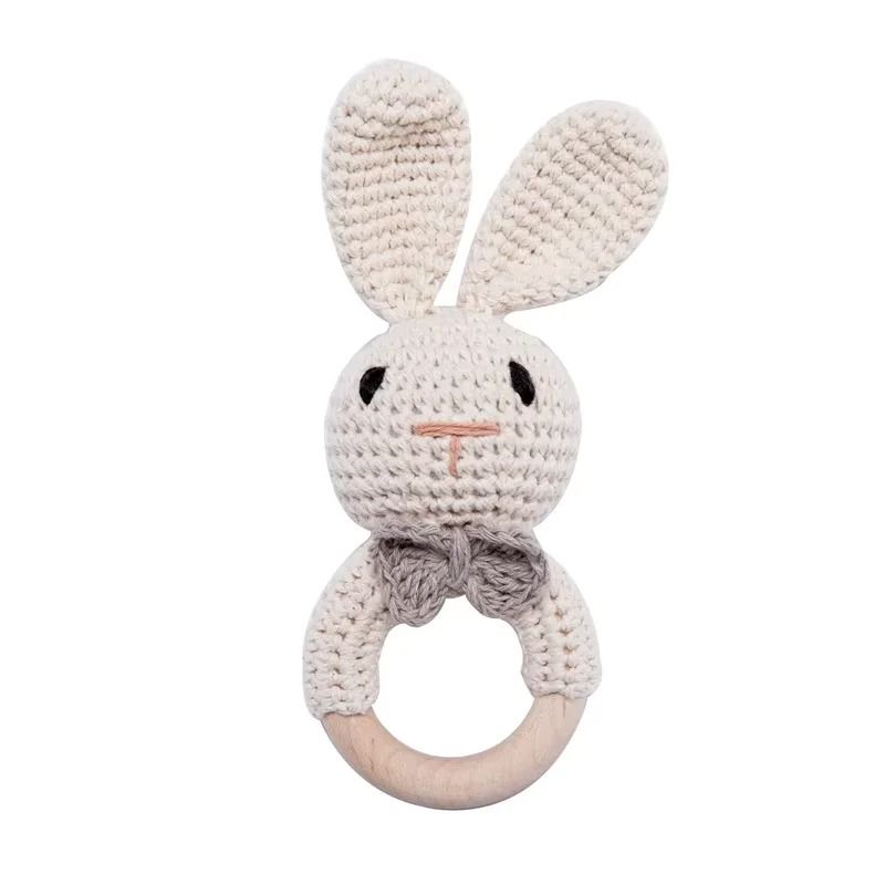 Baby Crochet Bunny Rattle Wooden Teether Newborn Educational Music Toy 7