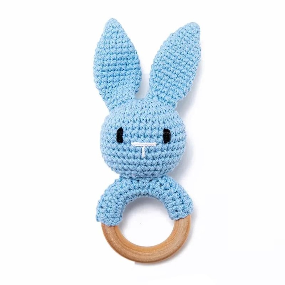 Baby Crochet Bunny Rattle Wooden Teether Newborn Educational Music Toy 8