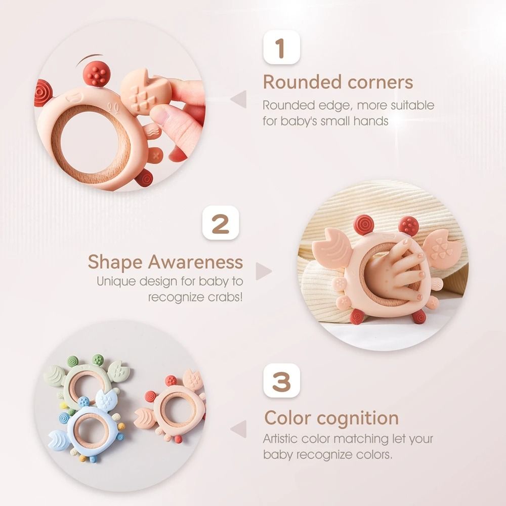 Silicone Crab Baby Teether With Natural Wooden Ring BPAFree Molar Toy 3