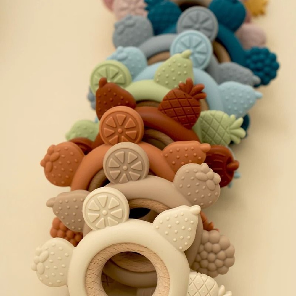 FruitTheme Silicone Wooden Baby Teether BPAFree Infant Chewing Toy 3