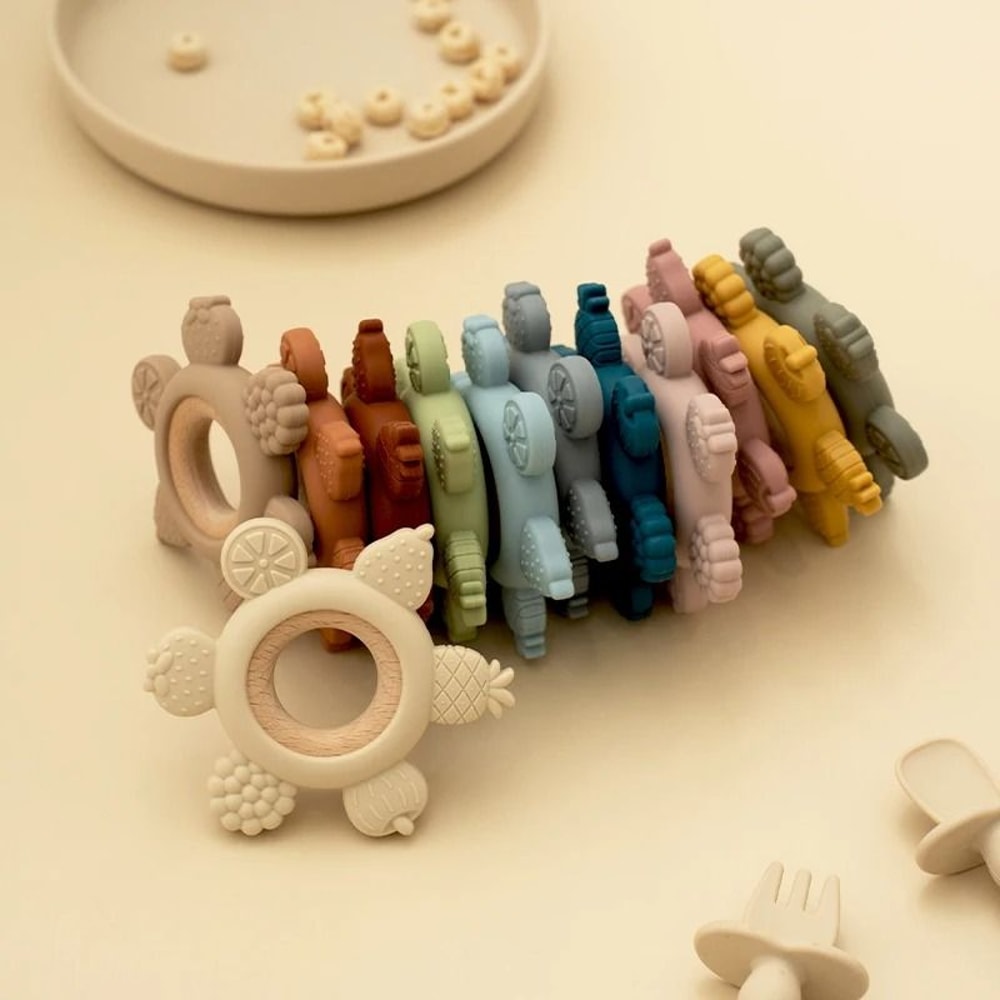 FruitTheme Silicone Wooden Baby Teether BPAFree Infant Chewing Toy 4