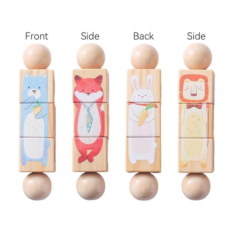 Rotating Wooden Baby Rattle Animal Matching Block Montessori Newborn Toy 10