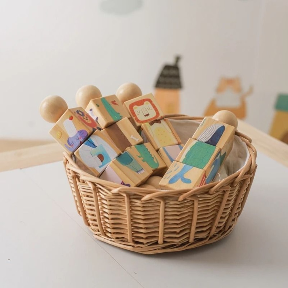 Rotating Wooden Baby Rattle Animal Matching Block Montessori Newborn Toy 3