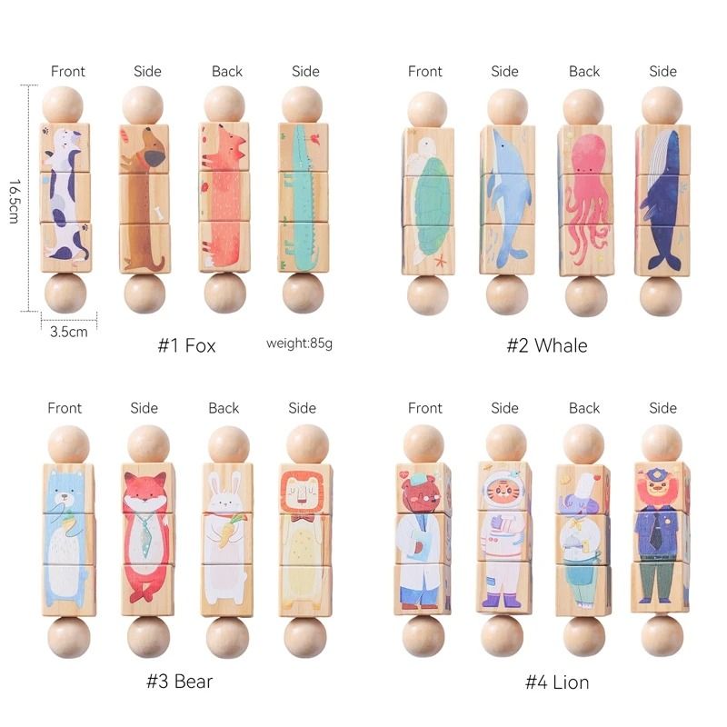 Rotating Wooden Baby Rattle Animal Matching Block Montessori Newborn Toy 5