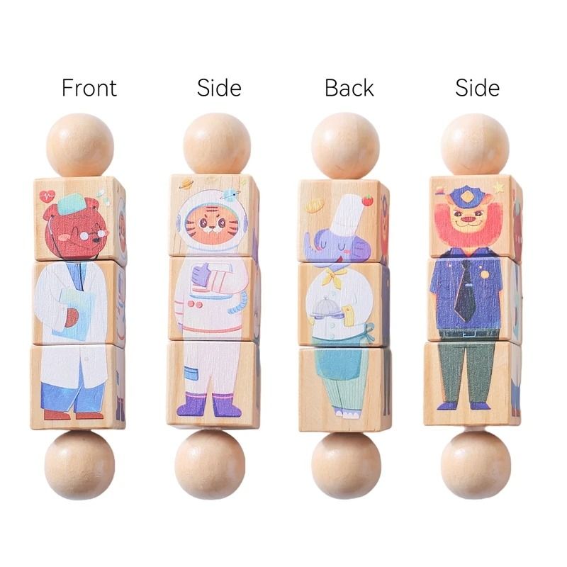 Rotating Wooden Baby Rattle Animal Matching Block Montessori Newborn Toy 6
