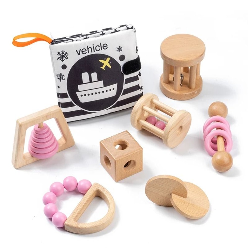 Montessori Wooden Baby Rattle Soother Bracelet Set Colorful FoodGrade Toddler Toy 6