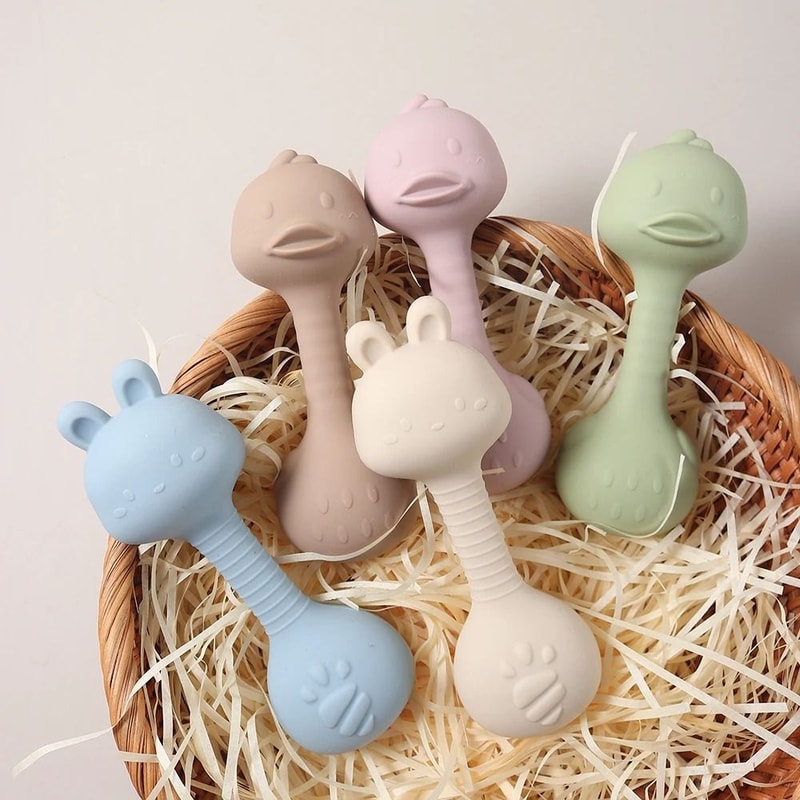 Ergonomic Silicone Duck Handheld Rattle BPAFree Teething Shaker Molar Toy 0