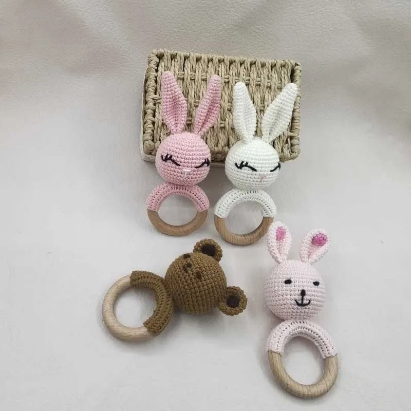Animal Crochet Baby Rattle Montessori Wooden Rabbit Bear Gym Toy 3