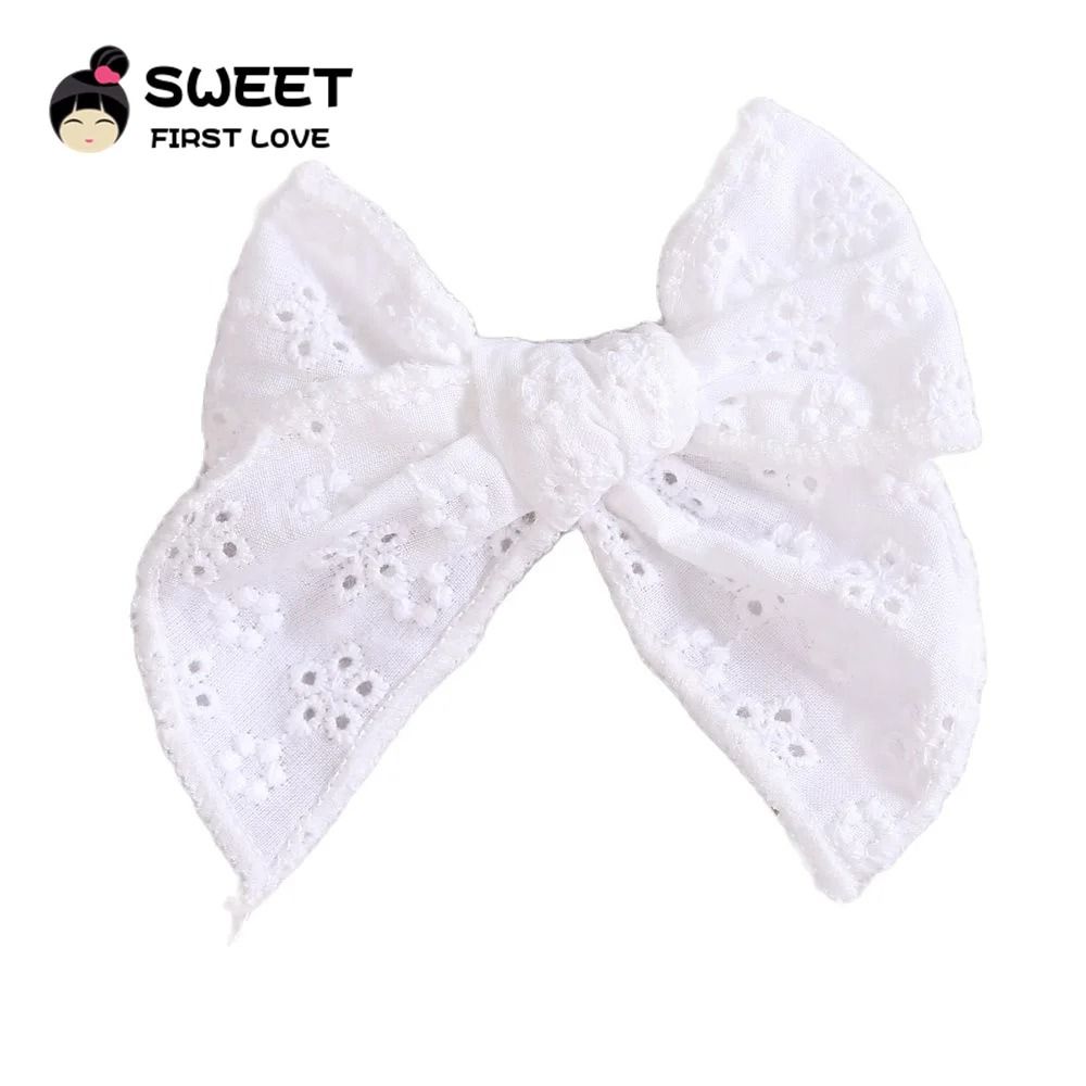 Artisanal White Lace Hair Bow Premium Floral Embroidery Clip For Infants Toddlers 0