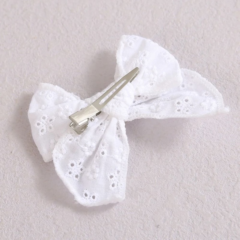 Artisanal White Lace Hair Bow Premium Floral Embroidery Clip For Infants Toddlers 1