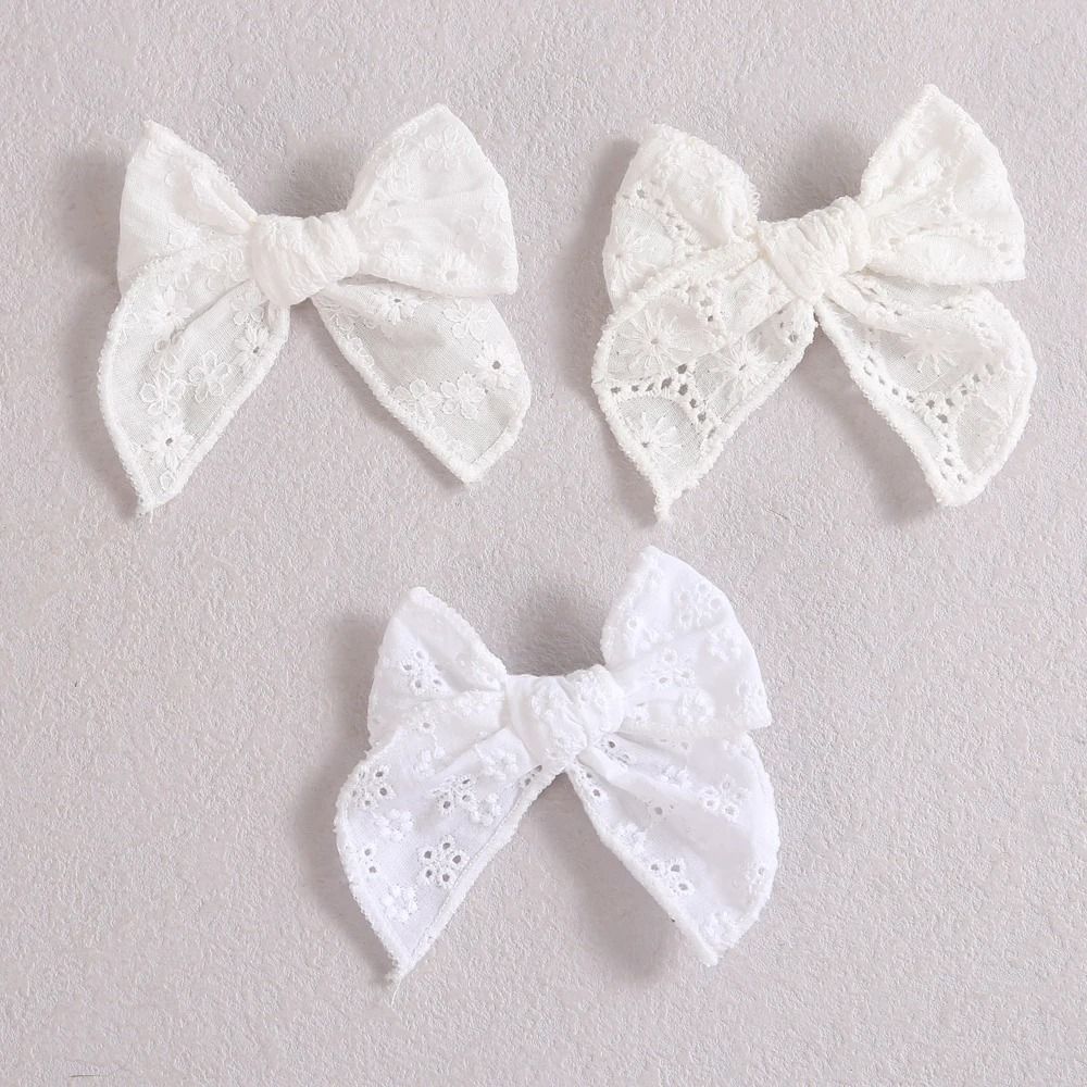 Artisanal White Lace Hair Bow Premium Floral Embroidery Clip For Infants Toddlers 3