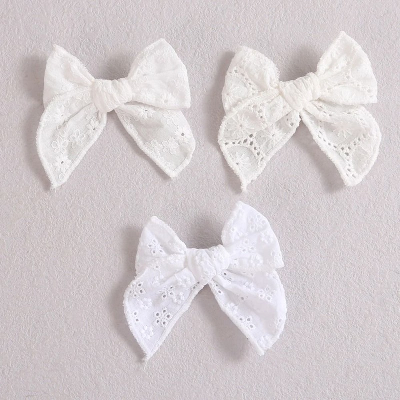 Artisanal White Lace Hair Bow Premium Floral Embroidery Clip For Infants Toddlers 3
