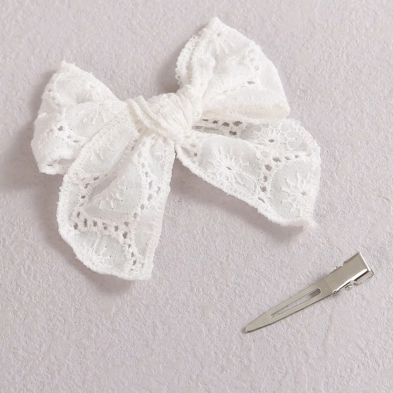 Artisanal White Lace Hair Bow Premium Floral Embroidery Clip For Infants Toddlers 4