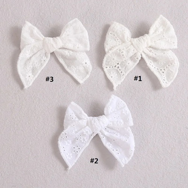 Artisanal White Lace Hair Bow Premium Floral Embroidery Clip For Infants Toddlers 5
