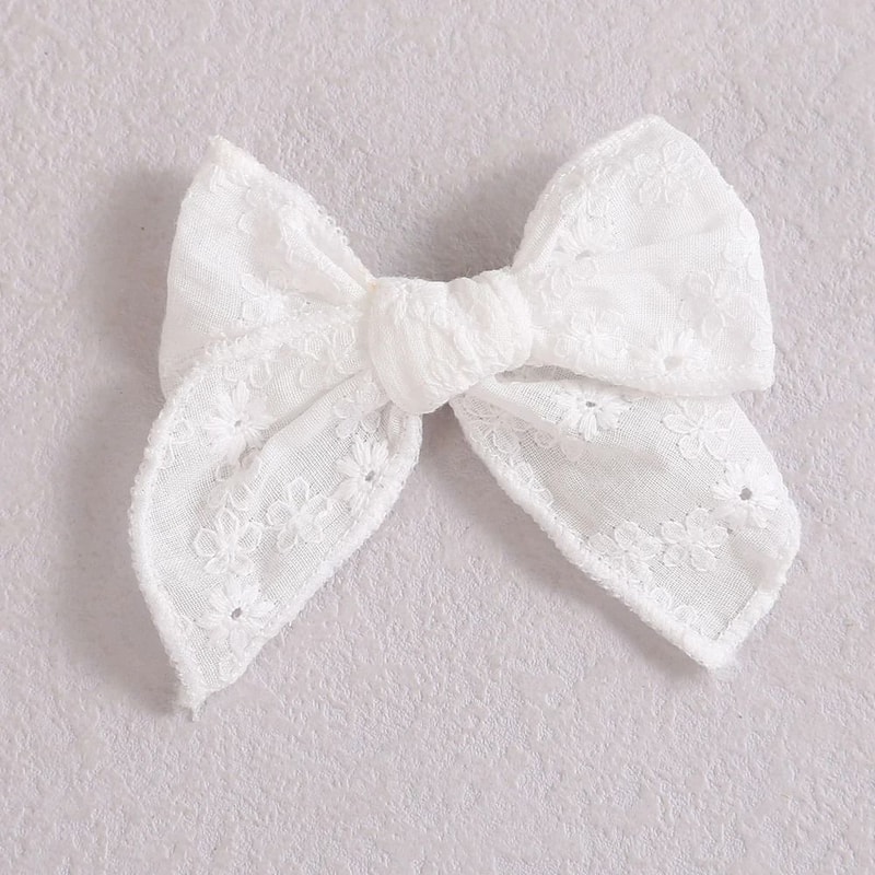 Artisanal White Lace Hair Bow Premium Floral Embroidery Clip For Infants Toddlers 6