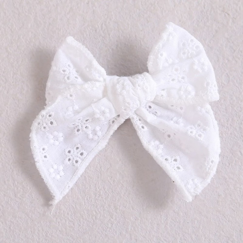 Artisanal White Lace Hair Bow Premium Floral Embroidery Clip For Infants Toddlers 7