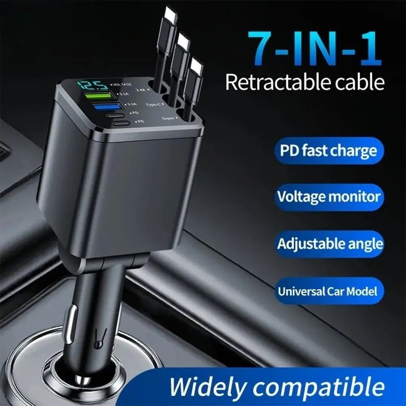 7in1 Retractable HighFidelity Digital Display Car Charging Hub 0