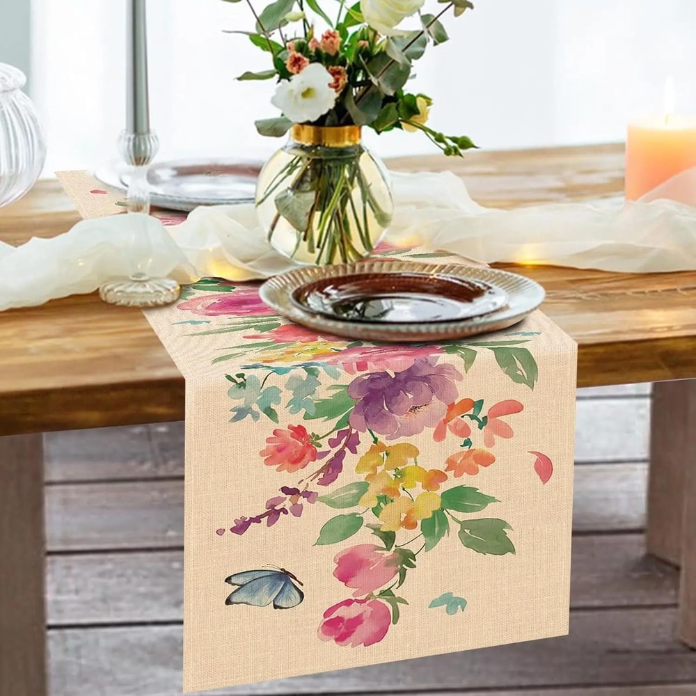 Spring Watercolor Floral Linen Table Runner 3