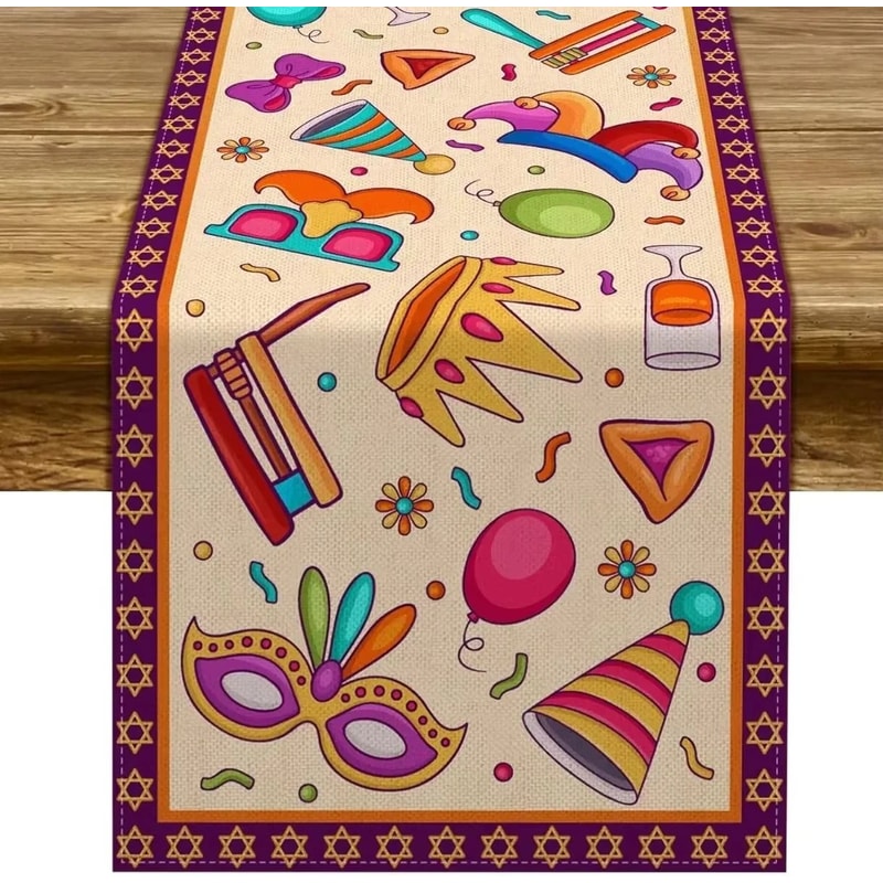 Happy Purim Table Runner Jewish Holiday Carnival Party Decor 5