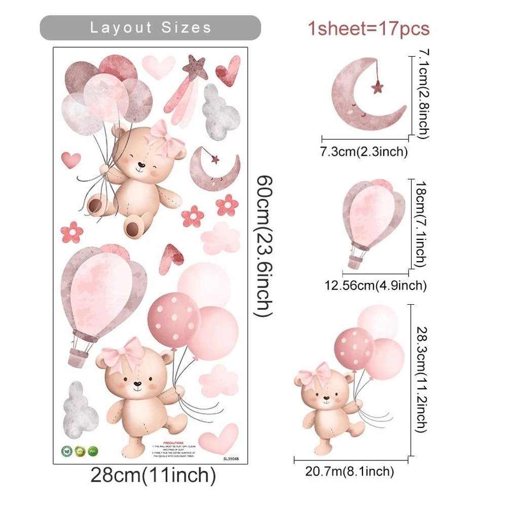 Pink Cartoon Bear With Floating Balloons Wall Stickers For Kids Nursery 6