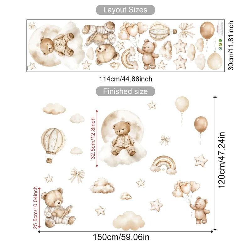 Boho Sleeping Teddy Bear Watercolor Balloon Wall Sticker 6