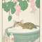 Japanese Tabby Cat In Bathtub Canvas Art Retro Japandi Bathroom Poster 7