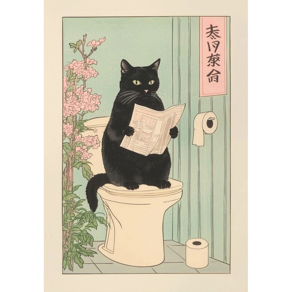Japanese Tabby Cat In Bathtub Canvas Art Retro Japandi Bathroom Poster 19