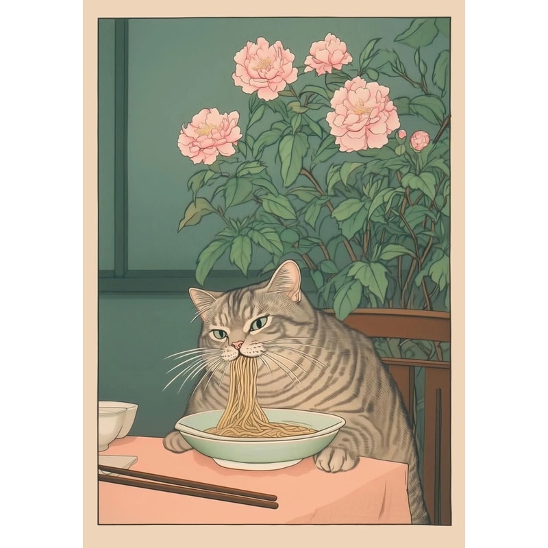 Japanese Tabby Cat In Bathtub Canvas Art Retro Japandi Bathroom Poster 8