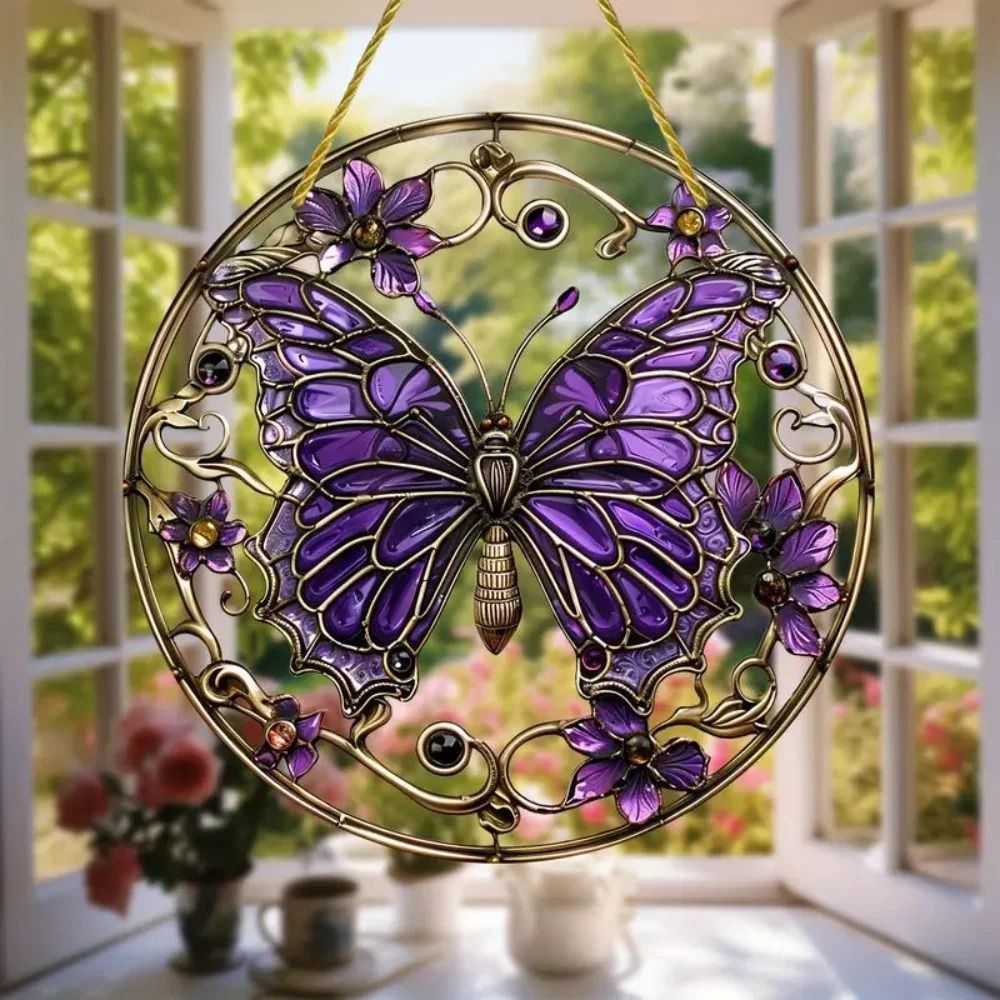 Butterfly Stained Glass Style Suncatcher Round Acrylic Window Art Wall Decor 6
