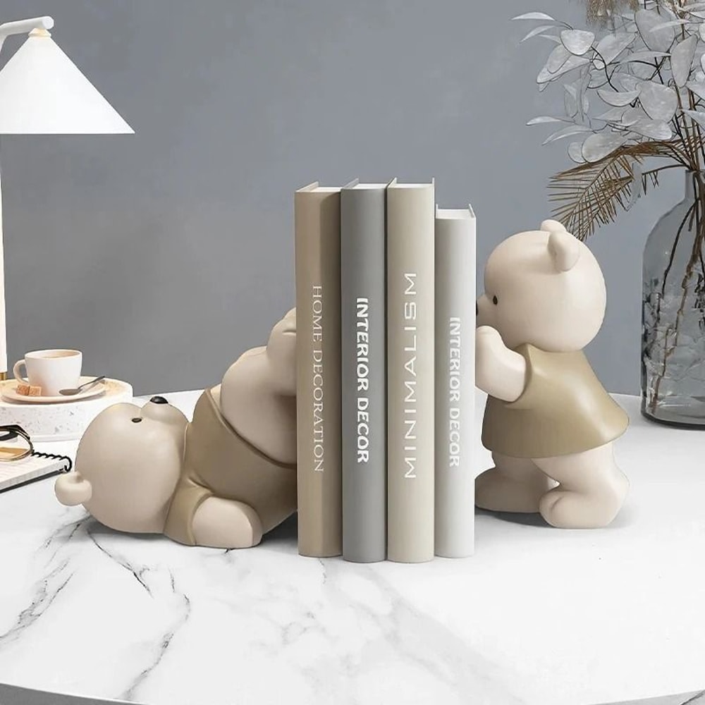 Cream Style Bear Bookend Figurine Cute Nordic Sculpture For Living Room Bookcase 3