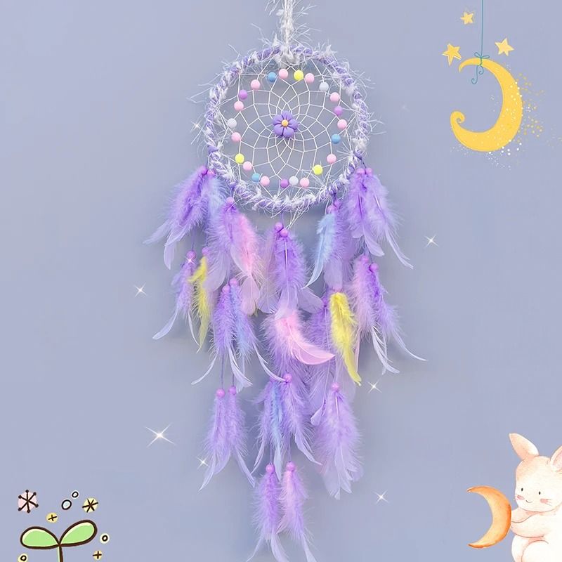 Cream Flower Dream Catcher Handmade Feather Wind Chimes Pastel Wall Pendant 9