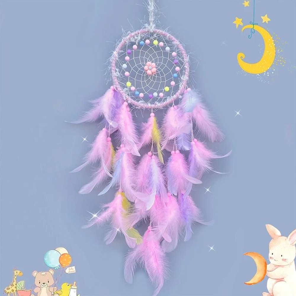 Cream Flower Dream Catcher Handmade Feather Wind Chimes Pastel Wall Pendant 6