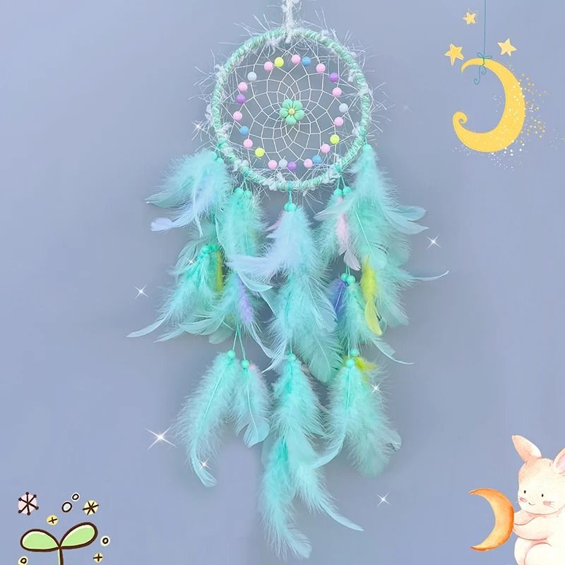 Cream Flower Dream Catcher Handmade Feather Wind Chimes Pastel Wall Pendant 8