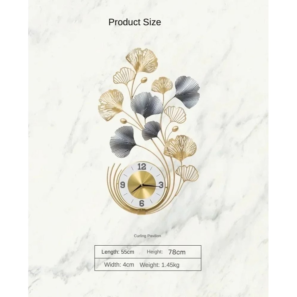 78cm Ginkgo Biloba Metal Wall Art Clock Luxury Iron Craft Silent Living Room Decor 4