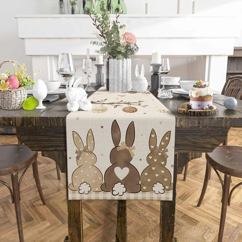 Spring Easter Bunny Eggs Linen Table Runner Washable Farmhouse Holiday Decor 1