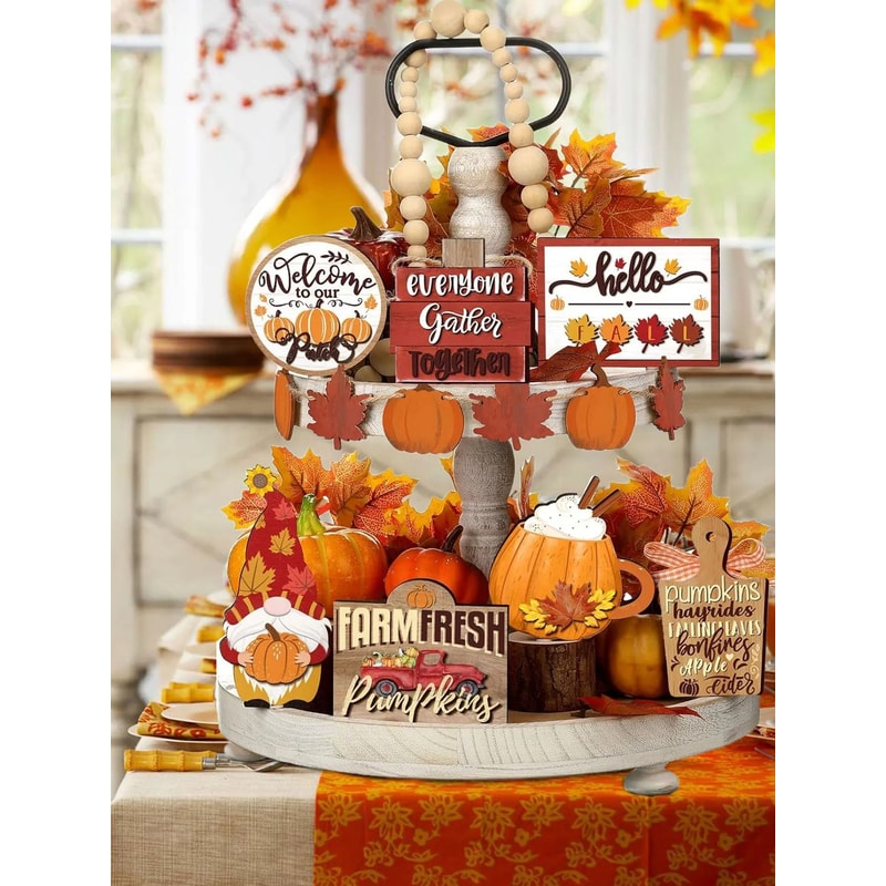 Fall Harvest Wooden Tiered Tray Decor Set Farmhouse Pumpkin Spice Maple Leaf Accents 2