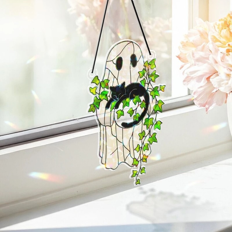 Halloween Ghost Black Cat Acrylic Suncatcher Spooky Window Hanging Decor 5